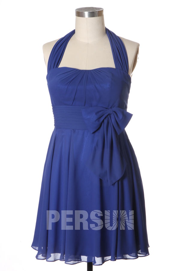 Robe demoiselle d'honneur courte avec bretelle au cou