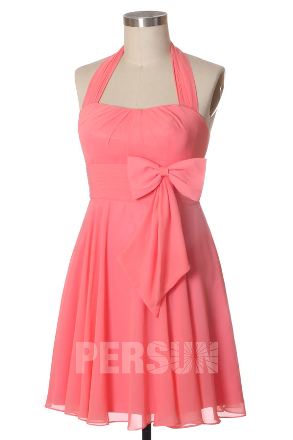 Robe demoiselle d'honneur courte avec bretelle au cou