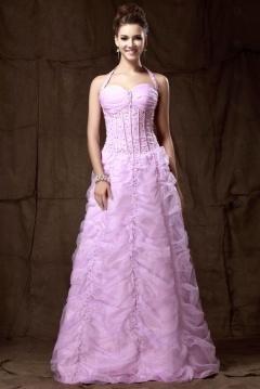 Robe de bal rose bustier effet corsage col halter jupe fantastique