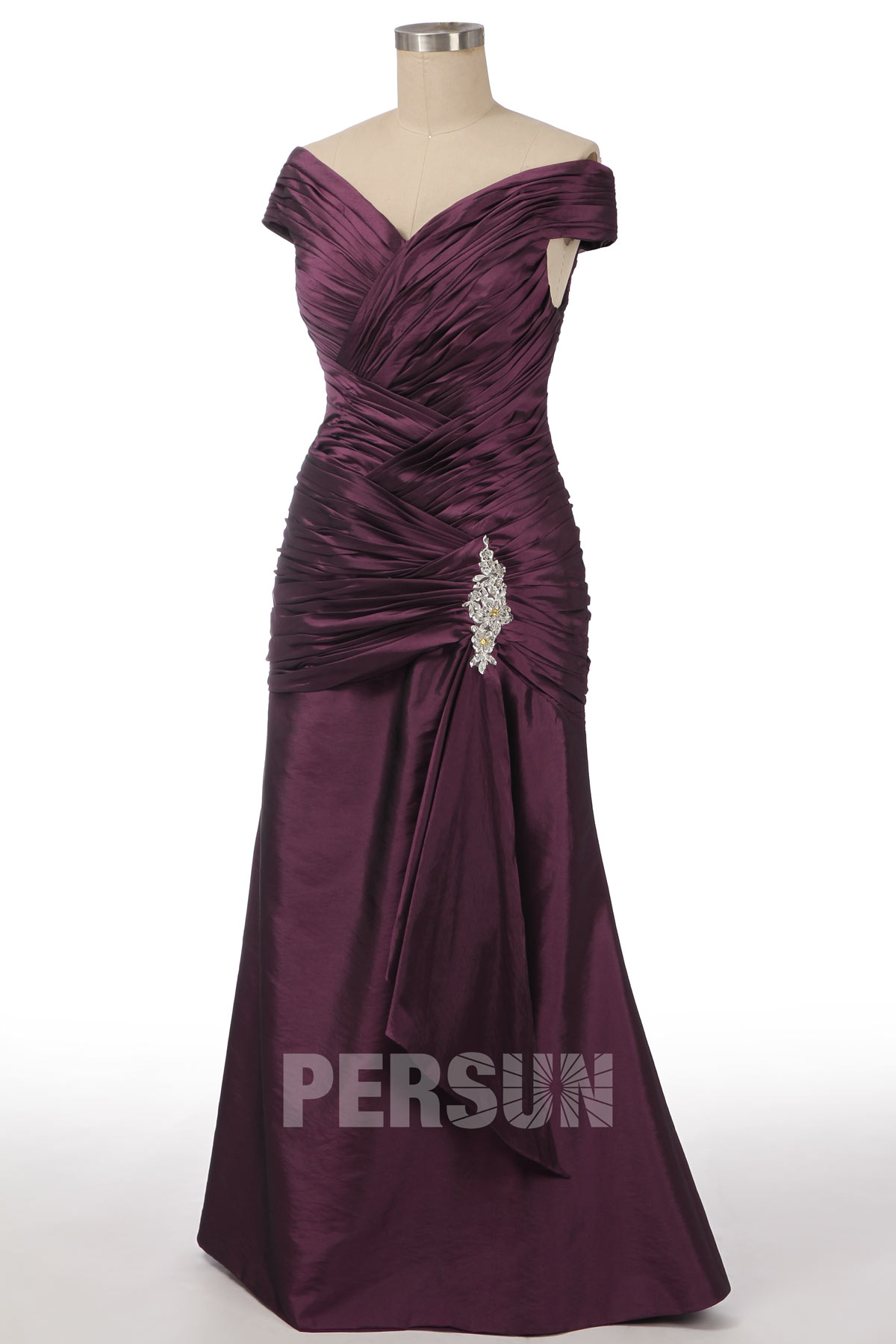 robe de soirée trompette prune épaule dénudée plissé
