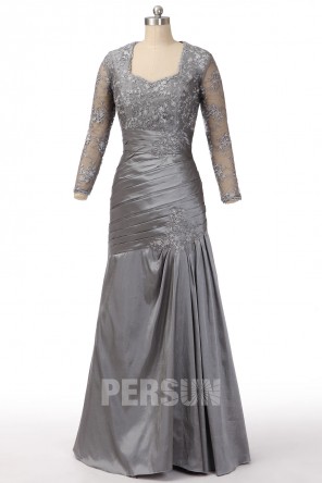 Robe de gala grise trompette avec manche haut en dentelle