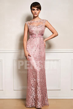 Robe soirée longue empire en dentelle rose