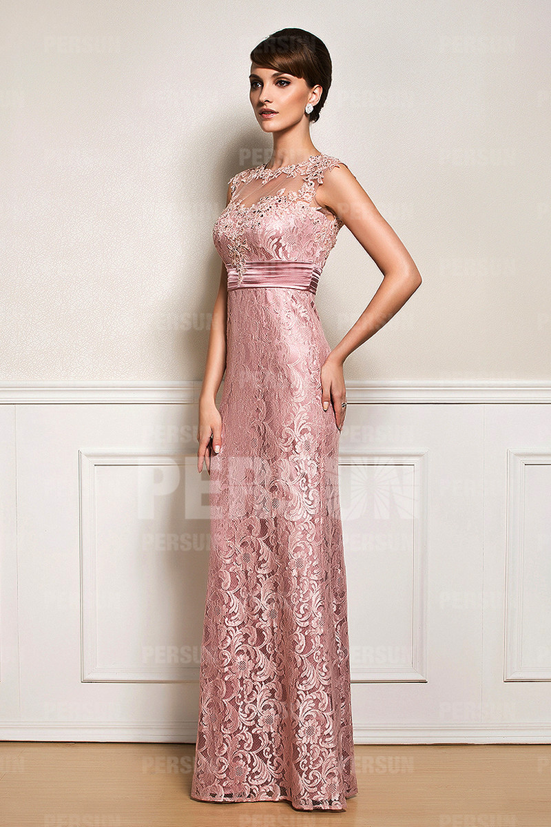 Robe soirée longue empire en dentelle rose