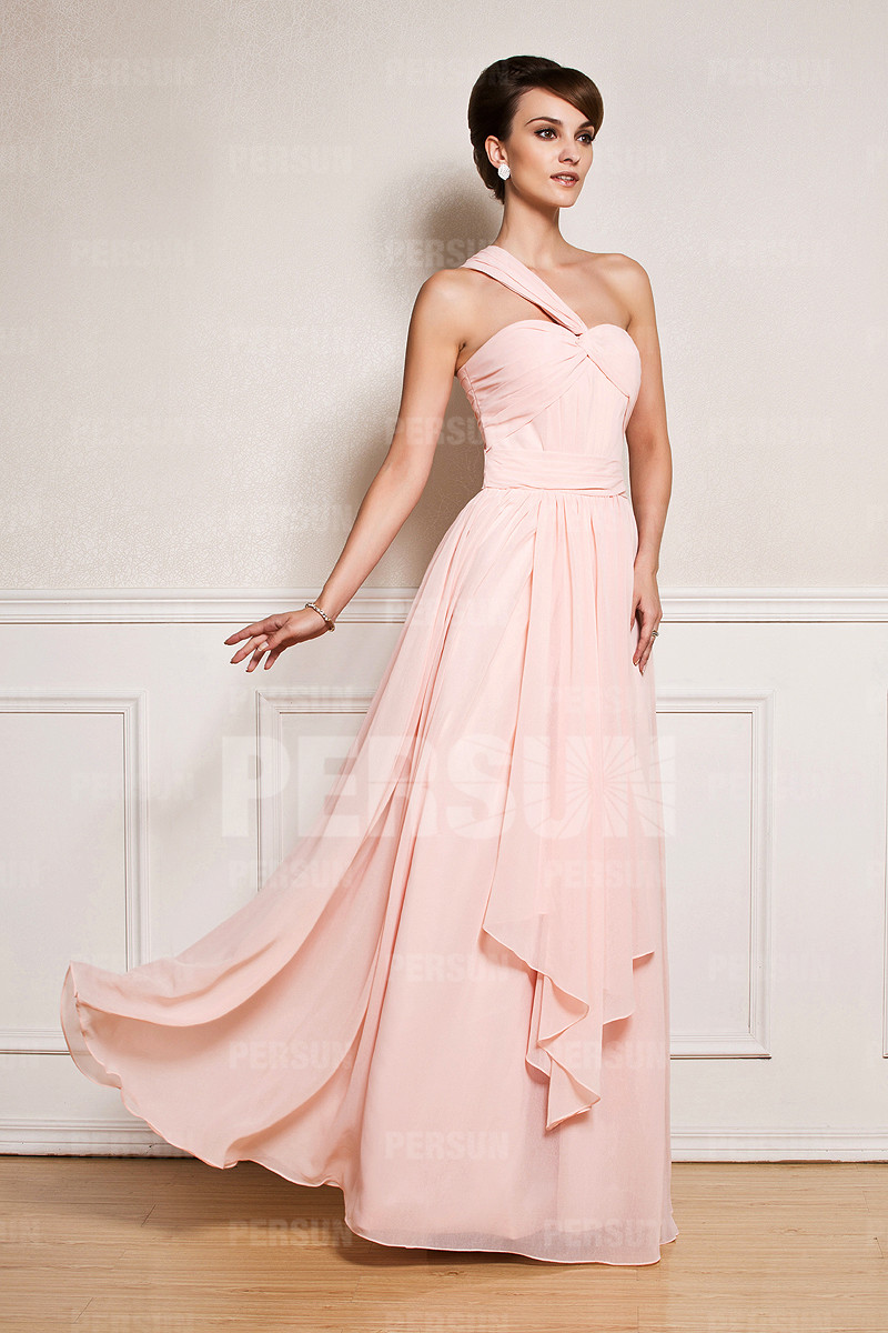 Robe bal asymétrique épaule asymétrique plissée longue sol