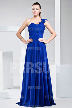 Robe soirée bleue plissée épaule asymétrique en mousseline