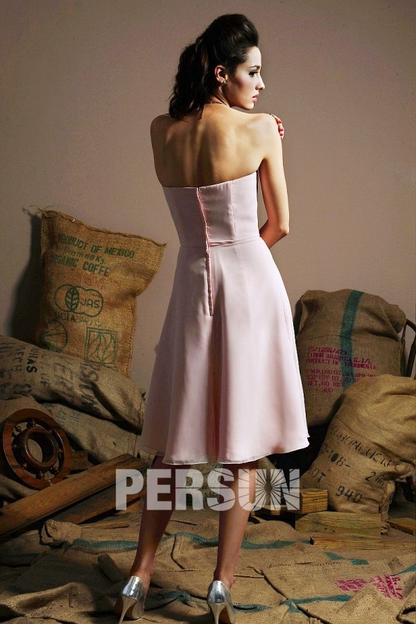 Petite robe rose bustier ruché en mousseline longueur genoux
