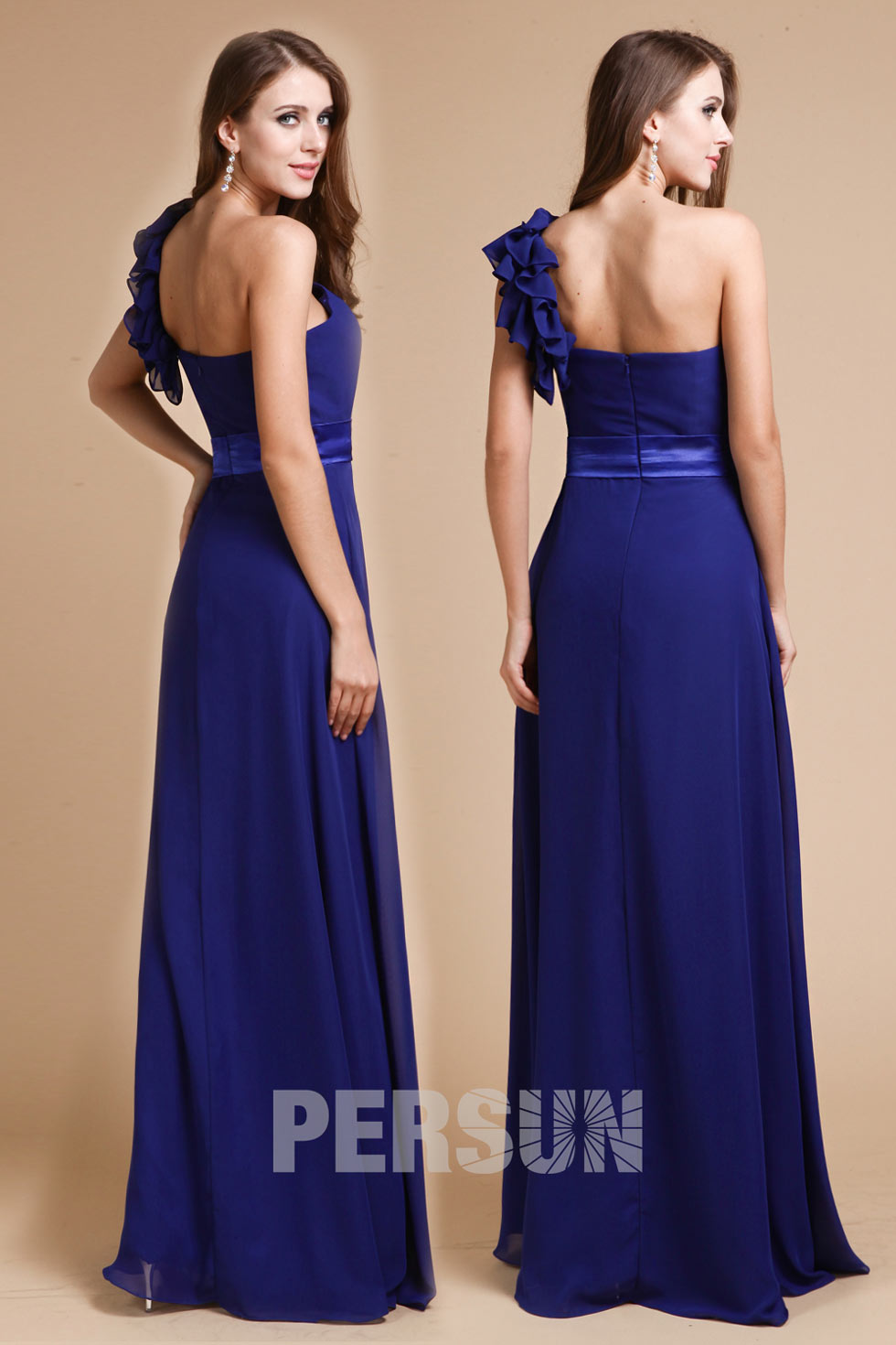 Robe demoiselle d'honneur plissée épaule asymétrique en mousseline