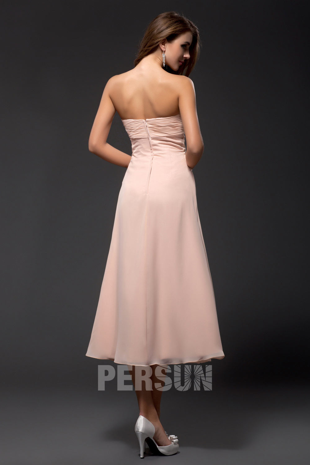 Robe cérémonie bustier rose simple en mousseline pour mariage