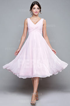 Robe mi longue plissée à encolure V en mousseline pour demoiselle d'honneur