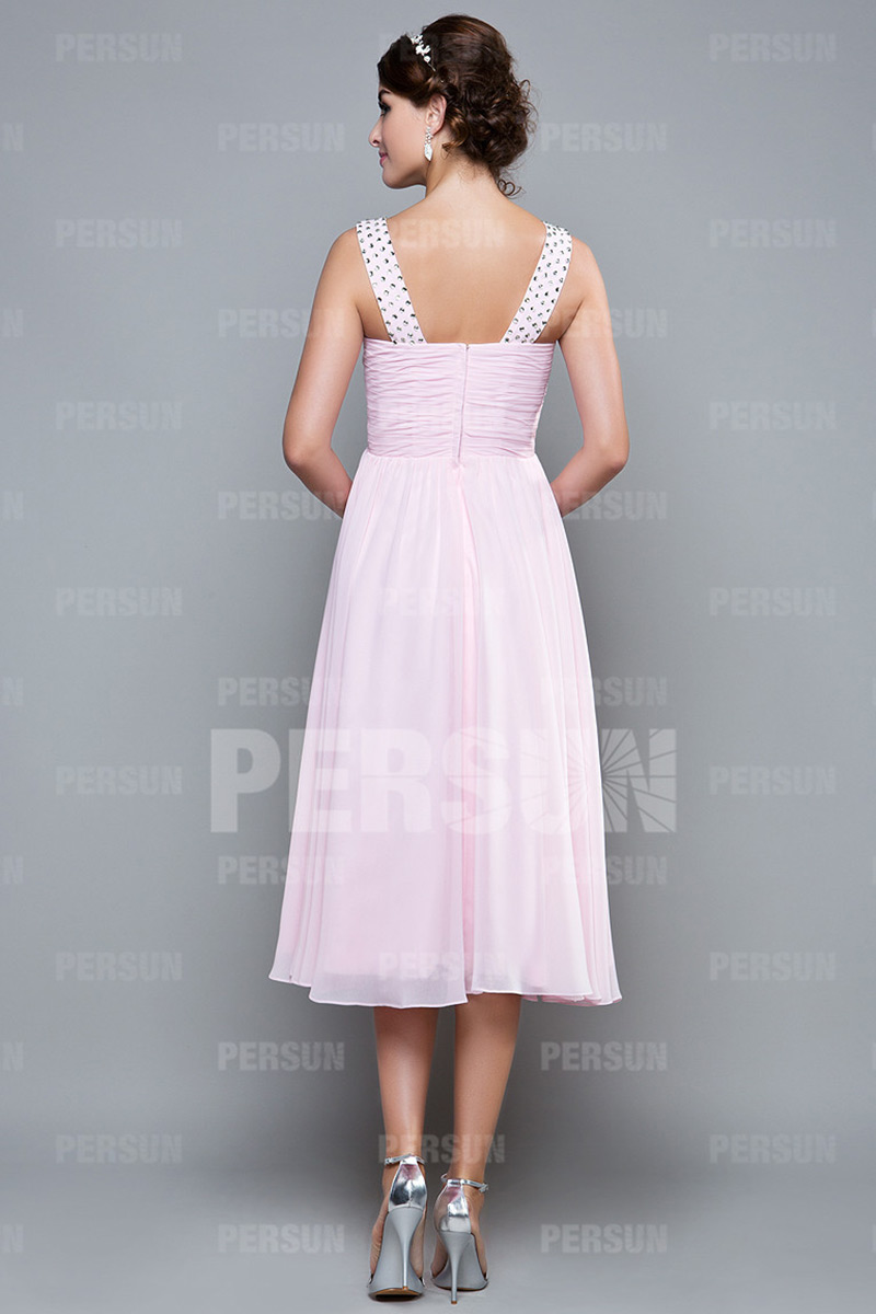 Robe mi longue plissée à encolure V en mousseline pour demoiselle d'honneur