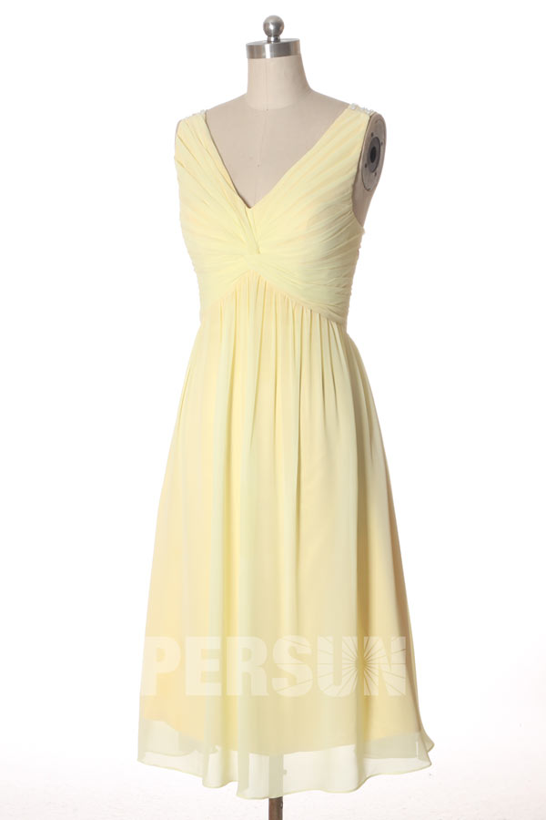 Robe mi longue plissée à encolure V en mousseline pour demoiselle d'honneur