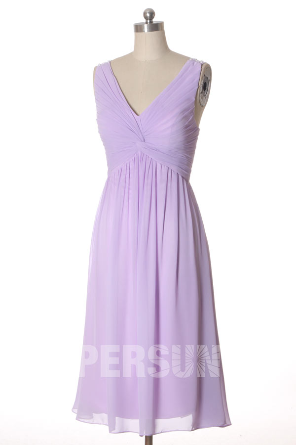 Robe mi longue plissée à encolure V en mousseline pour demoiselle d'honneur