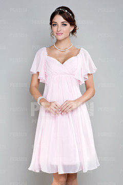 Robe courte cocktail grossesse rose fluide en mousseline à mancherons volantés