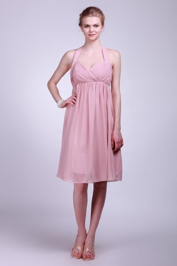 Robe courte plissée rose à col américain empire en mousseline