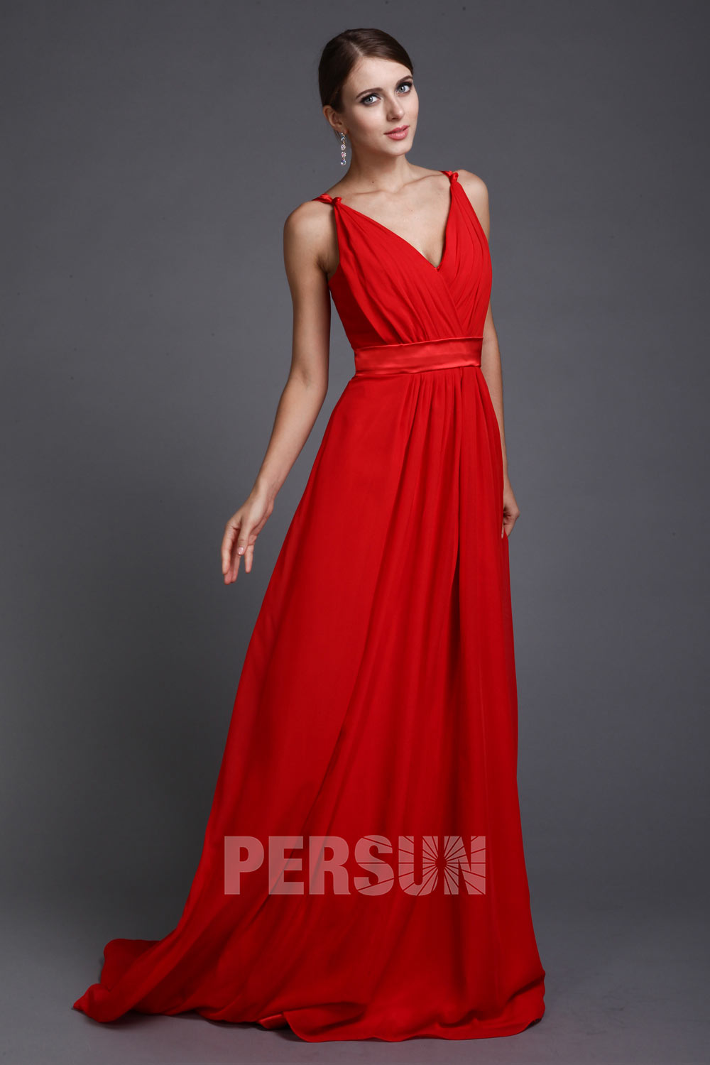 Robe soirée rouge style simple ceinturée à encolure V