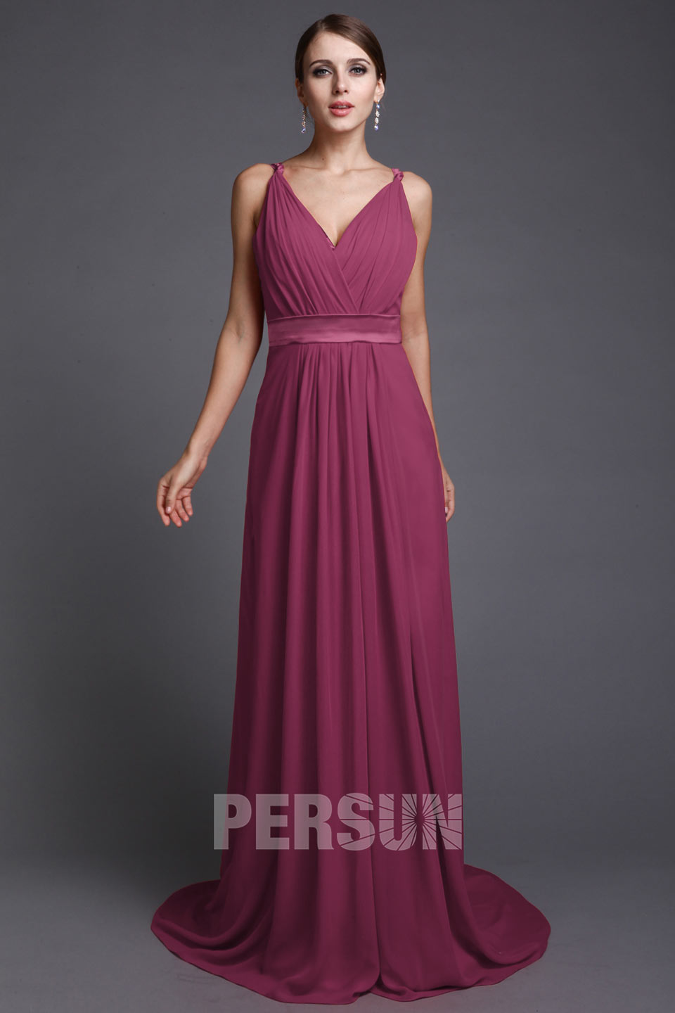 Robe soirée rouge style simple ceinturée à encolure V