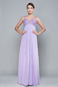 Robe de soirée longue empire lilas bustier strassé