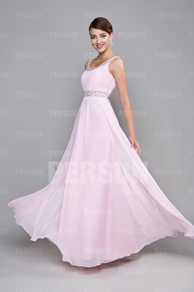 Robe de demoiselle d'honneur rose longue avec bretelle