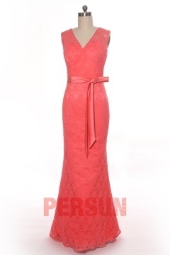 Sexy Robe soirée longue dentelle corail dos nu V plongeant