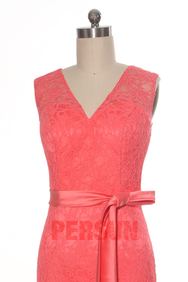 Sexy Robe soirée longue dentelle corail dos nu V plongeant