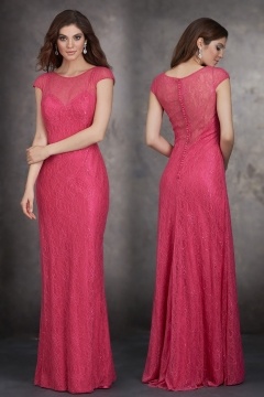 Robe de soirée colonne longue en dentelle fuchsia avec mancherons