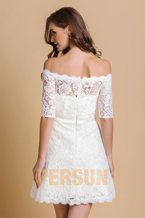 Robe blanche courte épaule dénudée en dentelle pour anniversaire mariage