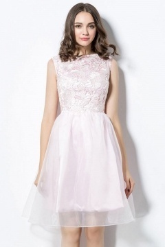 Robe de bal de promo rose courte à haut en dentelle ajourée
