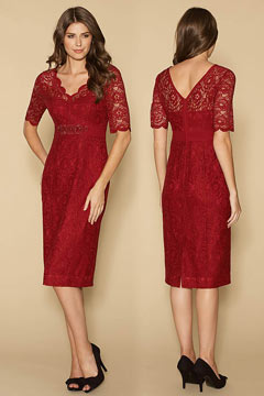 Robe cocktail de mariage rouge manche courte en dentelle