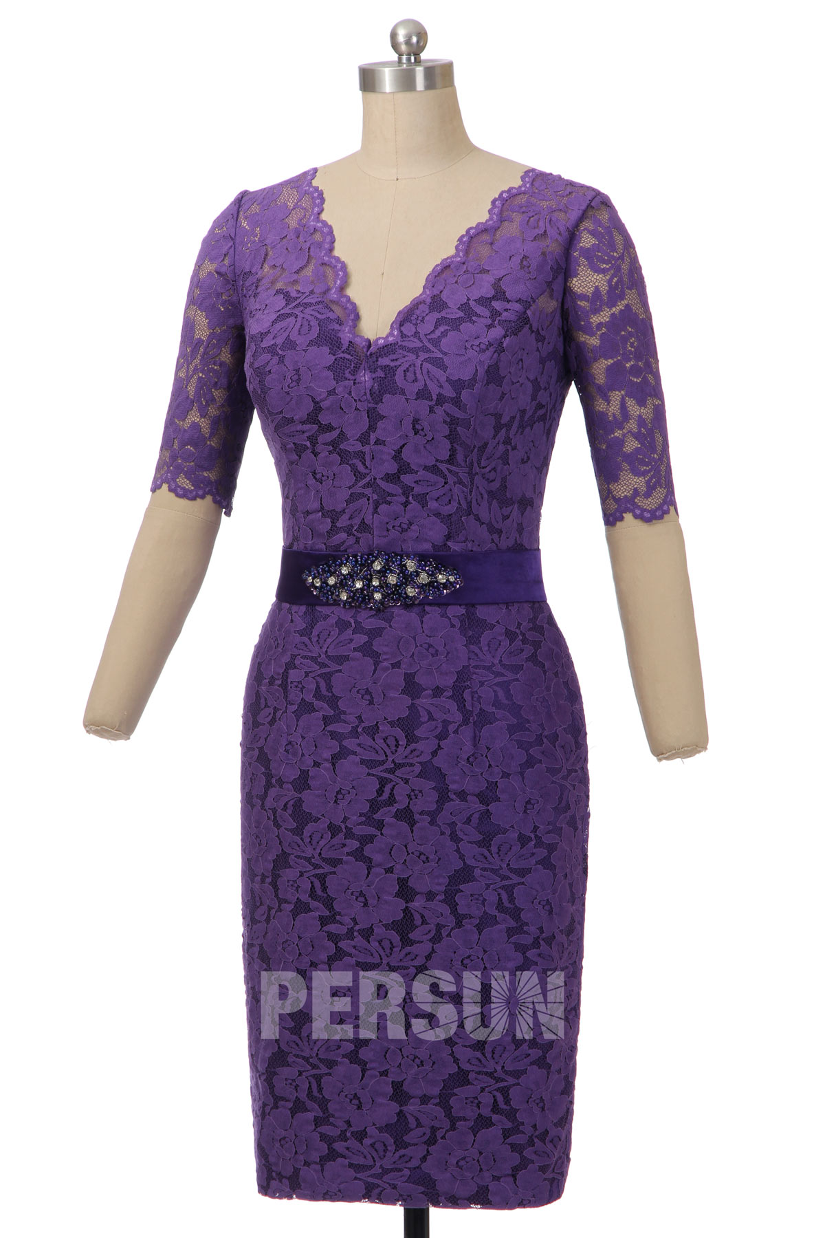 Robe cocktail de mariage rouge manche courte en dentelle