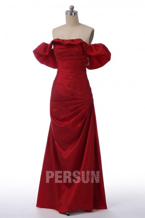 Robe de soirée en taffetas rouge longue  encolure bardot
