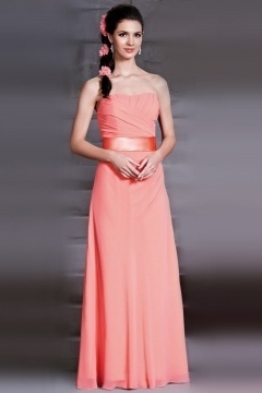 Robe corail longue pour mariage bustier vague drapé en mousseline