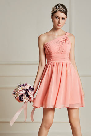 Petite robe corail pour cocktail mariage bustier asymétrique plissée