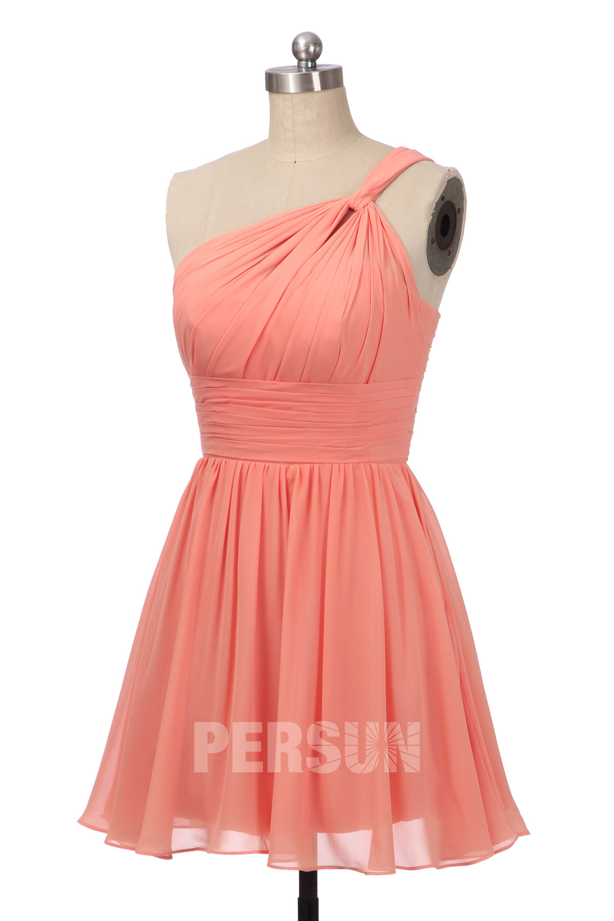 Petite robe corail pour cocktail mariage bustier asymétrique plissée