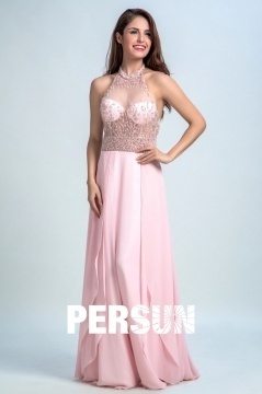 Robe rose longue bustier strassé transparent col halter