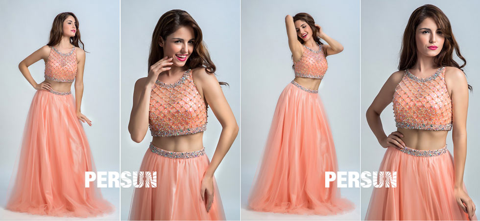robe de bal longue 2 pièce romantique orange haut ornée de bijoux