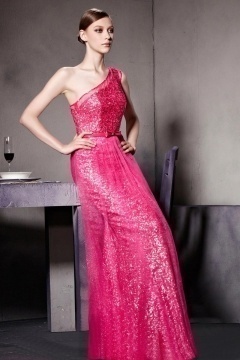 Robe soirée ceinturée asymétrique longue sol