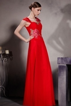 Robe soirée rouge en mousseline brodé longue sol