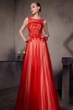 Robe soirée longue en tulle et dentelle rouge