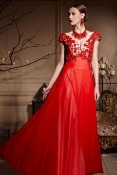 Sexy robe de soirée rouge col v plongeant appliquée