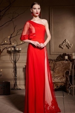 Unique Robe de cérémonie rouge asymétrique longue bloc couleur