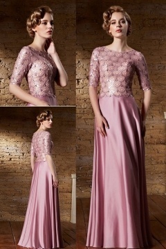 Robe rose mauve longue avec manches courtes en sequins