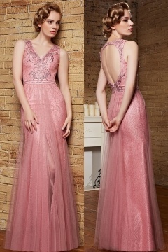 Robe fendue sexy en dentelle rose blush