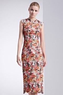 Femme robe florale mi-longue moulante encolure ronde
