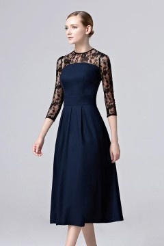 Robe élégante bleu pour gala à manche en dentelle
