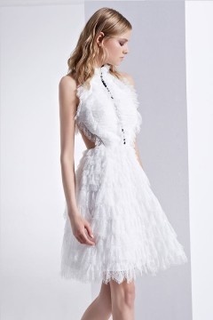 Chic robe de bal rose dentelle à col montant dos découpé
