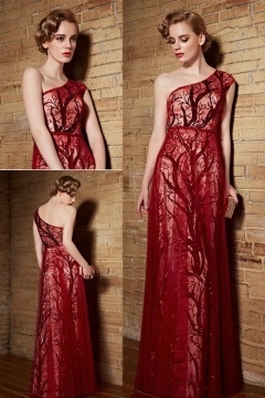 Robe soirée asymétrique rouge à doublure sequins en forme branche