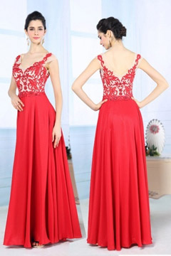 Robe soirée stras à col V rouge longue avec broderie