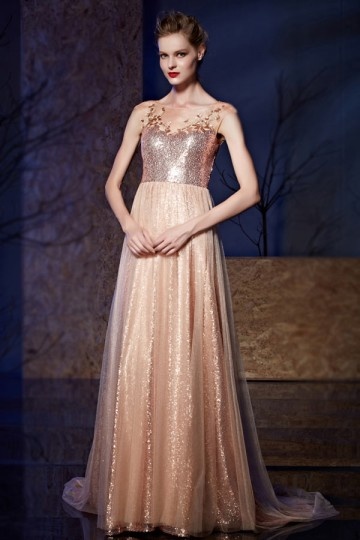 robe de gala champagne longue à haut en sequin