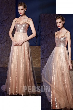 Robe de cérémonie champagne scintillante en sequin dos découpé à traîne