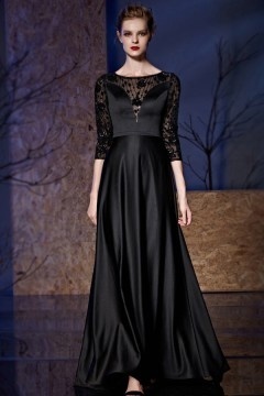 Robe de soirée noire en satin à haut transparent avec manche mi-longue